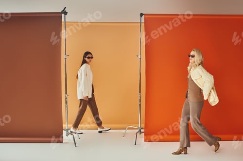 Preview: diverse cultures women in outerwear and sunglasses walking near colorful backdrop, fall fashion
