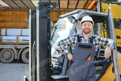 Preview: Man worker at forklift driver happy working in industry factory logistic ship