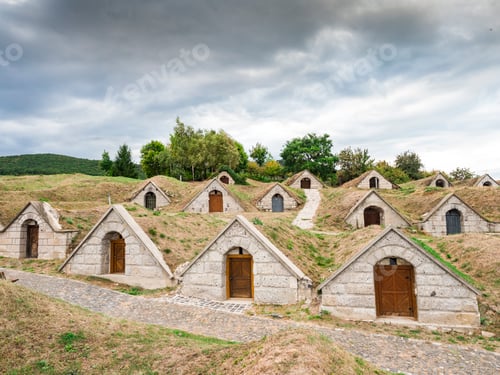 Preview: Iconic wine cellars of Hercegkut, Hungary, famous Tokaj wine region.