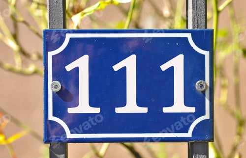 Preview: Blue house number plaque, showing the number hundred and eleven (111)