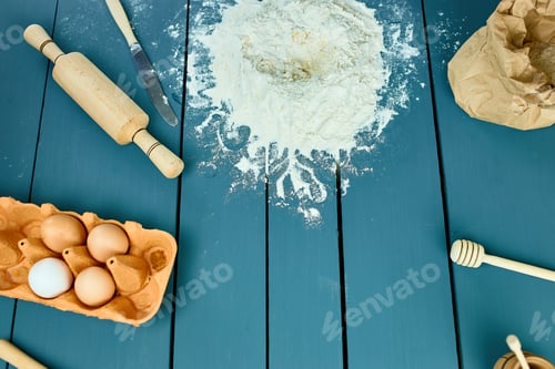 Preview: Baking ingredients background, baking concept, top view.