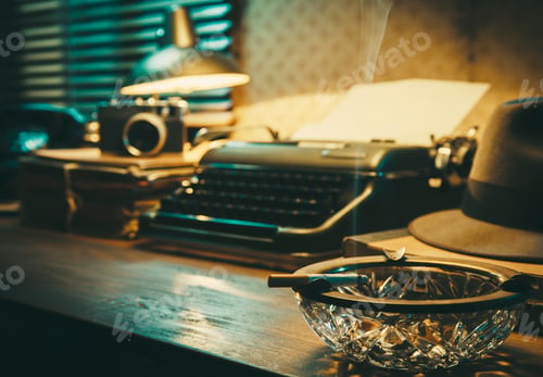 Preview: Vintage film noir office desk with old typewriter