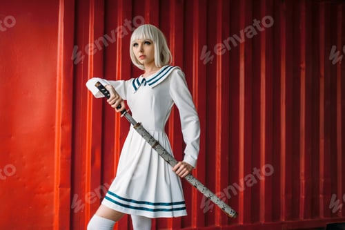 Preview: Anime style girl with sword against red container