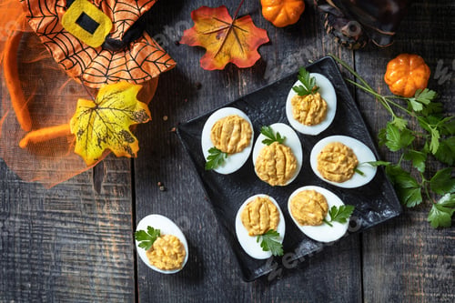 Preview: Halloween funny idea for party food. Halloween creative set stuffed eggs pumpkin.
