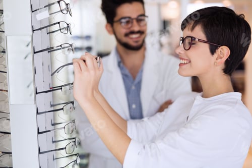 Preview: Beautiful woman with optician trying eyeglasses