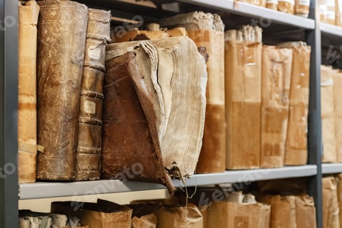 Preview: Old worn 17th century books on a shelf in the library's shelfs