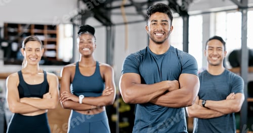 Preview: Fitness, gym and portrait of sports people standing with crossed arms for leadership and confidence