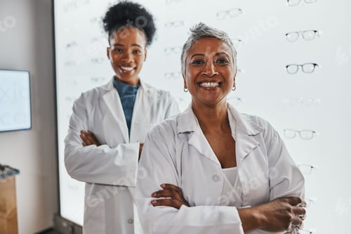Preview: Portrait, optometrist teamwork and smile of women in shop or store for glasses, eyewear or eye care