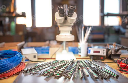 Preview: Modern microscope, Panel of LED light indicators is in the production