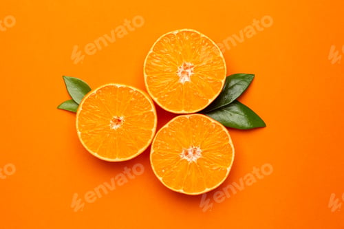 Preview: Tangerine on an orange background, fruit flatlay, summer minimal compositon