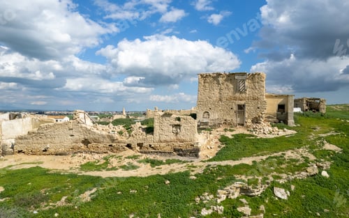 Preview: Drone aerial view of an abandoned deserted village. Ruins of deserted old town