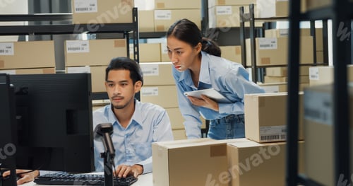 Preview: Man and lady barcode machine scanner discuss stock detail customer online data delivery.