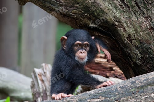 Preview: Cute little chimpanzee sitting on a tree with a blurred background