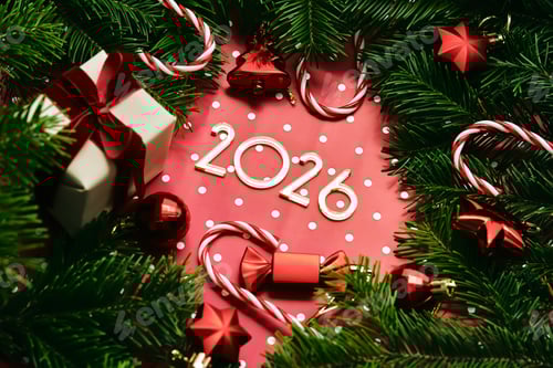 Visualização: Fundo vermelho de Ano Novo de 2026. Número do próximo ano na decoração de Natal.