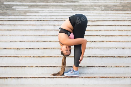 Preview: Young beautiful plus size lady in sporty top and leggings stretc
