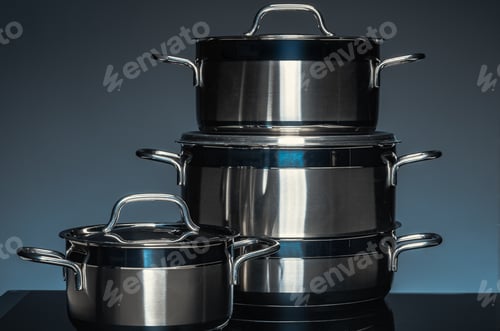Preview: New cookware on black background, front view