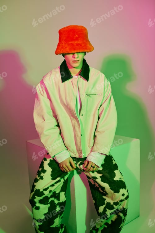 Preview: Fashion forward young man showcases vibrant style and confidence in modern setting