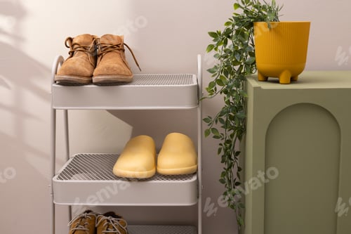 Preview: Stylish interior of modern hall with shoes on stand