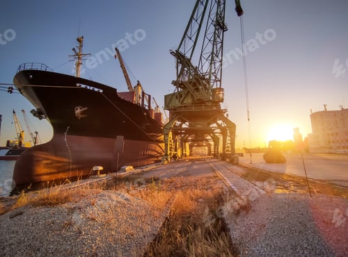 Preview: cargo ship bulk carrier is loaded with grain of wheat in port at sunset