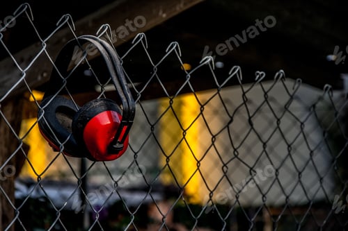 Preview: Closeup shot of headphones hanging on a grid fence