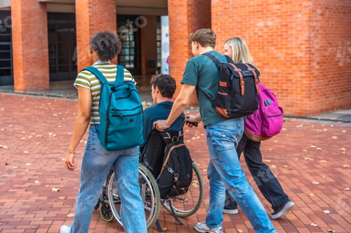 Preview: University students walking together with classmate in wheelchair