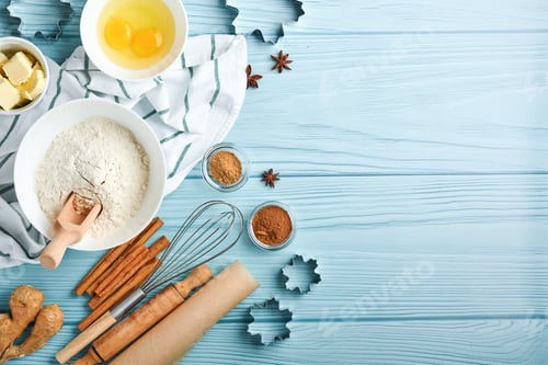 Preview: Baking background with ingredients for making gingerbread flour, eggs, kitchen tools, utensils and c