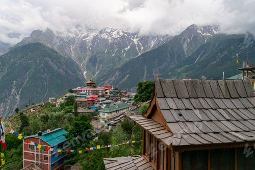 Preview: Beautiful shot of the Kalpa village with colorful buildings and mountains in the background