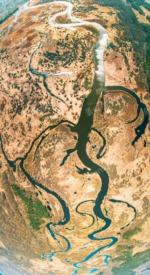 Preview: Aerial View River Landscape In Sunny Spring Day. Top View Of Beautiful European Nature From High