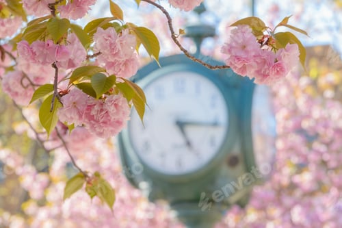 Preview: Selective focus shot of a flowering cherry tree against a street clock