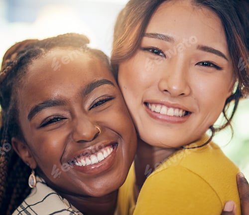 Preview: Face, happy and lesbian couple hug in home, bonding and having fun together. Portrait smile, gay an