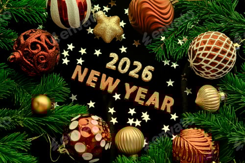 Visualização: Fundo escuro de Ano Novo de 2026. Número do próximo ano na decoração de Natal.