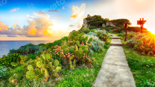 Preview: Dramatic spring sunrise on the the cape Milazzo panorama of nature reserve Piscina di Vener