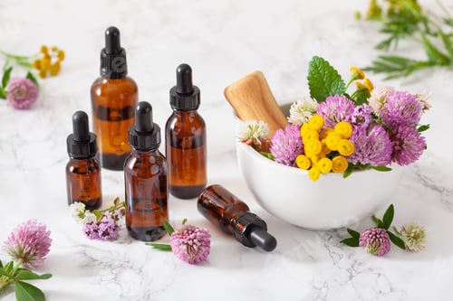 Preview: medical flowers herbs in mortar essential oils in bottles. alternative medicine. clover rosebay