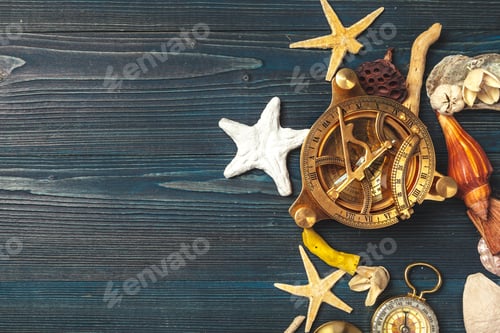Preview: seashells and compass. beautiful sea composition with shells and vintage compass