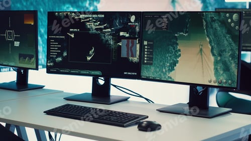 Preview: Multiple Computer Monitors Showing Satellite Imagery and Data