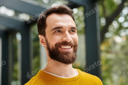 Preview: good looking cheerful architect in comfy yellow turtleneck with beard posing and looking away