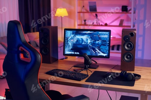 Preview: PC at home with shooter game launched on. FPS experience virtual reality
