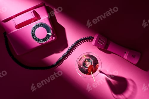 Preview: Top view of vintage telephone and cocktail with shadow on pink background