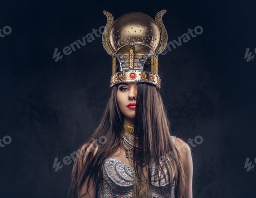 Preview: Portrait of haughty Egyptian queen in an ancient pharaoh costume.