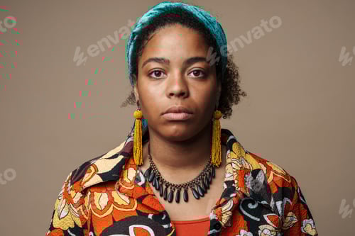 Preview: Woman with Colorful Shirt and Head Scarf Portrait