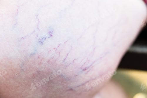 Preview: Detail of varicose veins on the leg of a seated woman.