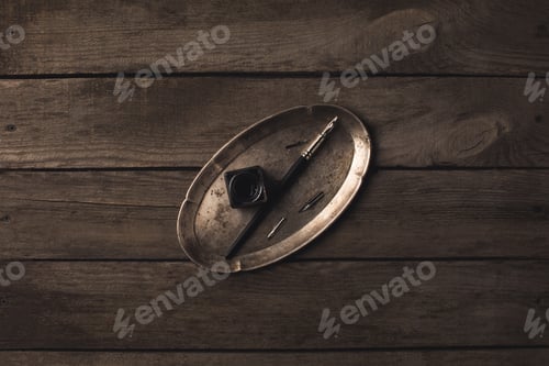 Preview: composition of tray with ink pen on rustic wooden table