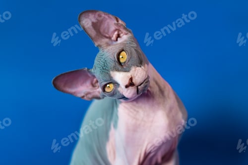 Preview: Portrait of posing Canadian Sphynx cat, tilted his head to one side and looking at camera. Close-up