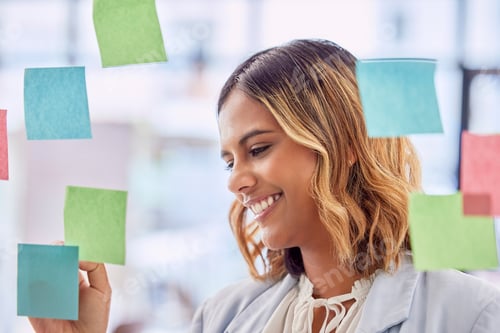 Preview: Planning, brainstorming and woman writing on glass board for project management, workflow and job s