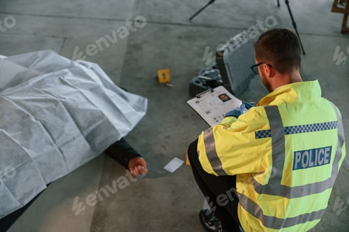 Preview: Male detective is collecting evidence in a crime scene near dead body on the construction site
