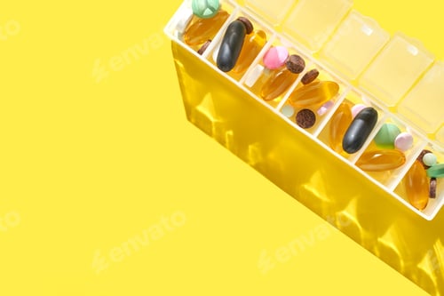Preview: Colorful weekly pill organizer with various vitamins and supplements on bright