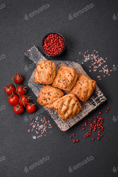 Preview: Delicious crispy mini puffs with sausage or meat with salt, thyme and sesame