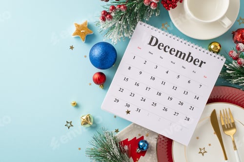 Visualização: Planeje sua reserva de restaurante para um evento especial. Vista superior do calendário de dezembro, placas