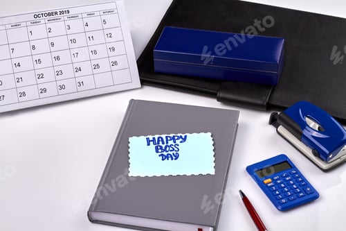 Preview: Office business stuff on white desk. Happy boss day greeting card.
