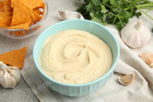 Preview: Delicious hummus, nachos and parsley on grey table, closeup